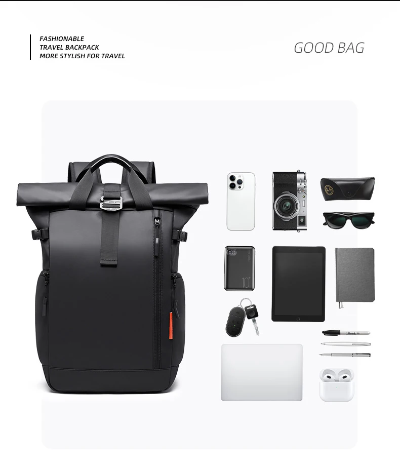TANGCOOL Gentleman Roll-Top-Rucksack, großes Fassungsvermögen, leicht, wasserdicht, mit mehreren Fächern, für Geschäftsreisen, Laptop-Tasche – Detail 3