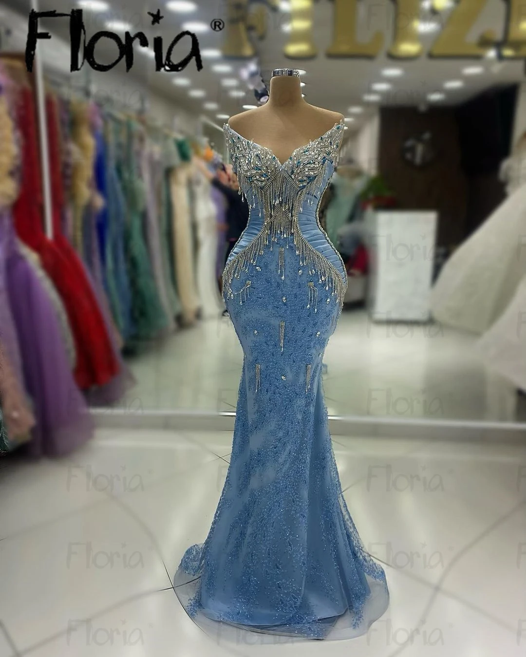 Sparkle Crystals Blue Cocktail Dress Midi Long Mermaid Prom Gowns Duabi Women Birthday Celebrate Dress abiti da sera formali