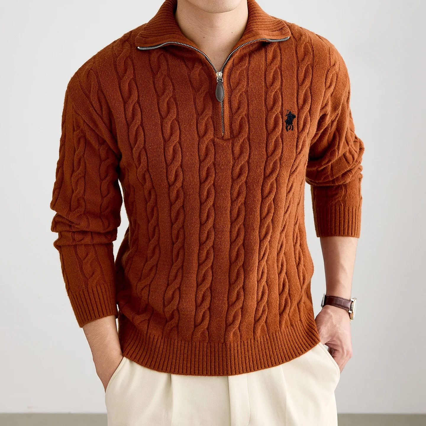 Autumn Winter New Sweater High-End Brand Classic Paul Pony Embroidery Fashion Casual Mock Neck Men's Jacquard Knitted Pullover