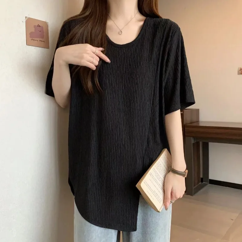 New Chinese Women's Short-sleeved Irregular T-shirt Casual Loose Mid-length Slit Versatile Top