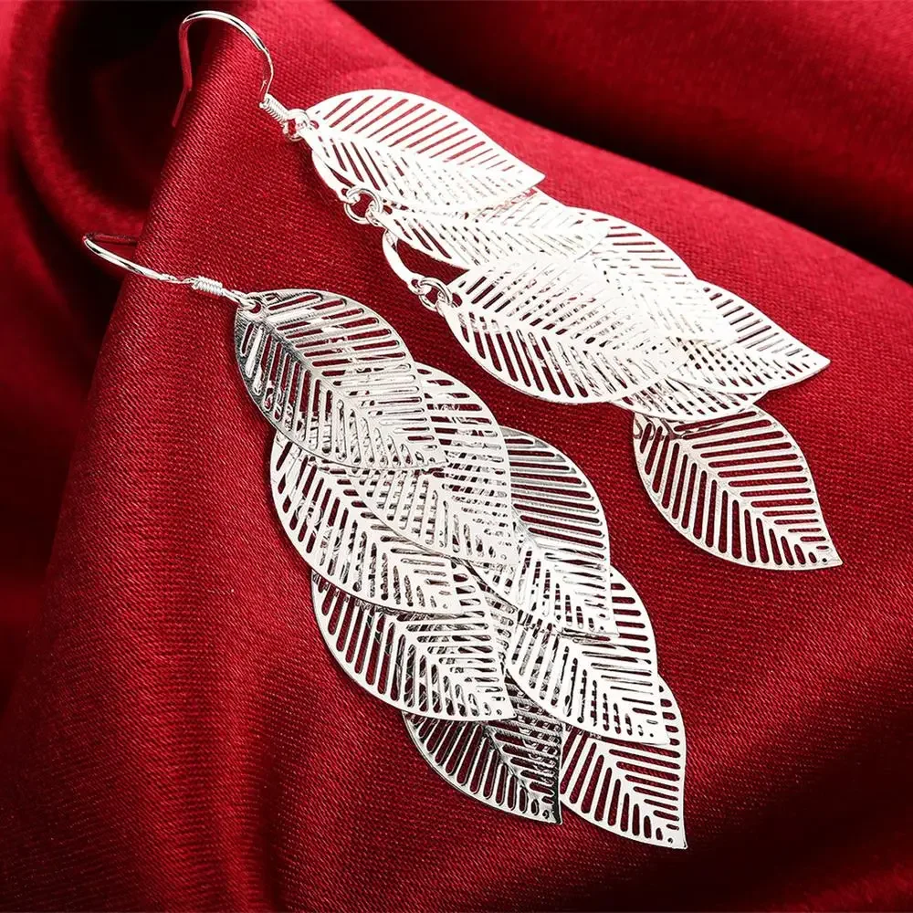 925 Sterling silver Layered Hollow Leaves Tassel Long Drop earrings for Woman fashion fine Jewelry wedding party Holiday gift