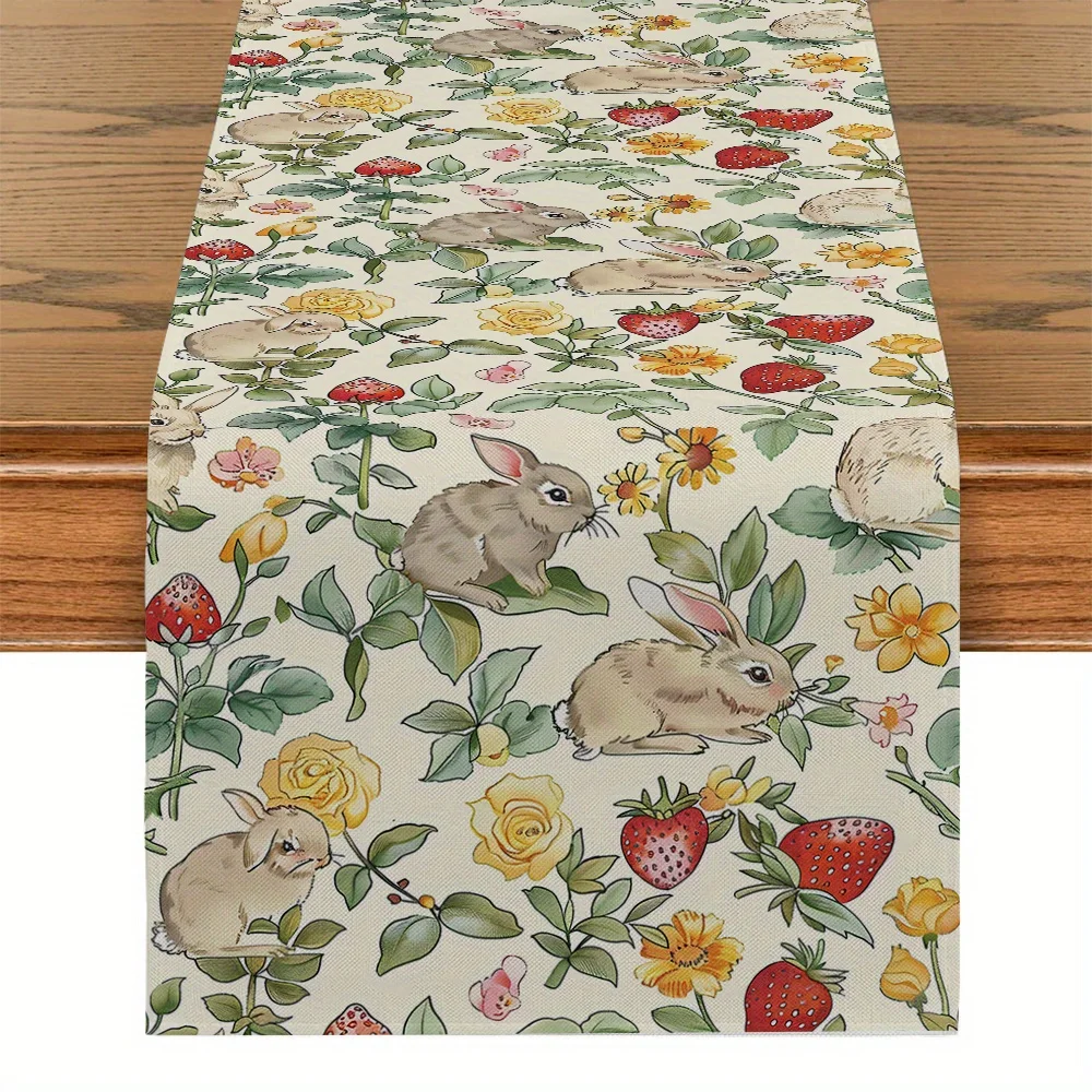 Woven Bunny Strawberry Rose Table Runner - 1PC Rectangular Home Kitchen Restaurant Party Dining Decor