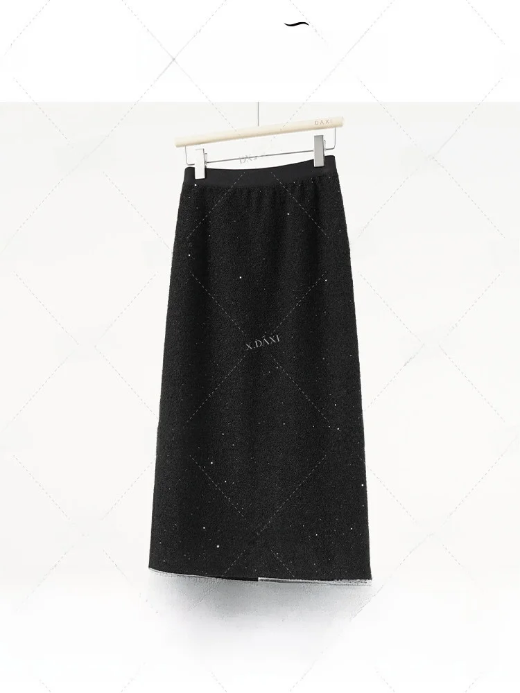 

Женская зимняя прямая юбка из шерстяной тафты с пайетками, новая модель, с завышенной талией, простая, повседневная, из полиэфирного волокна