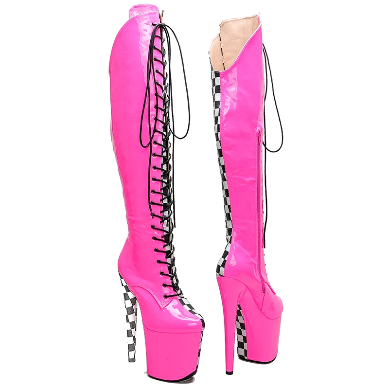 Leecabe 20CM/8inches New Fashion Style Patent with Grid Pattern PU Mix Color High Heel Platform Boots Pole Dance Boots