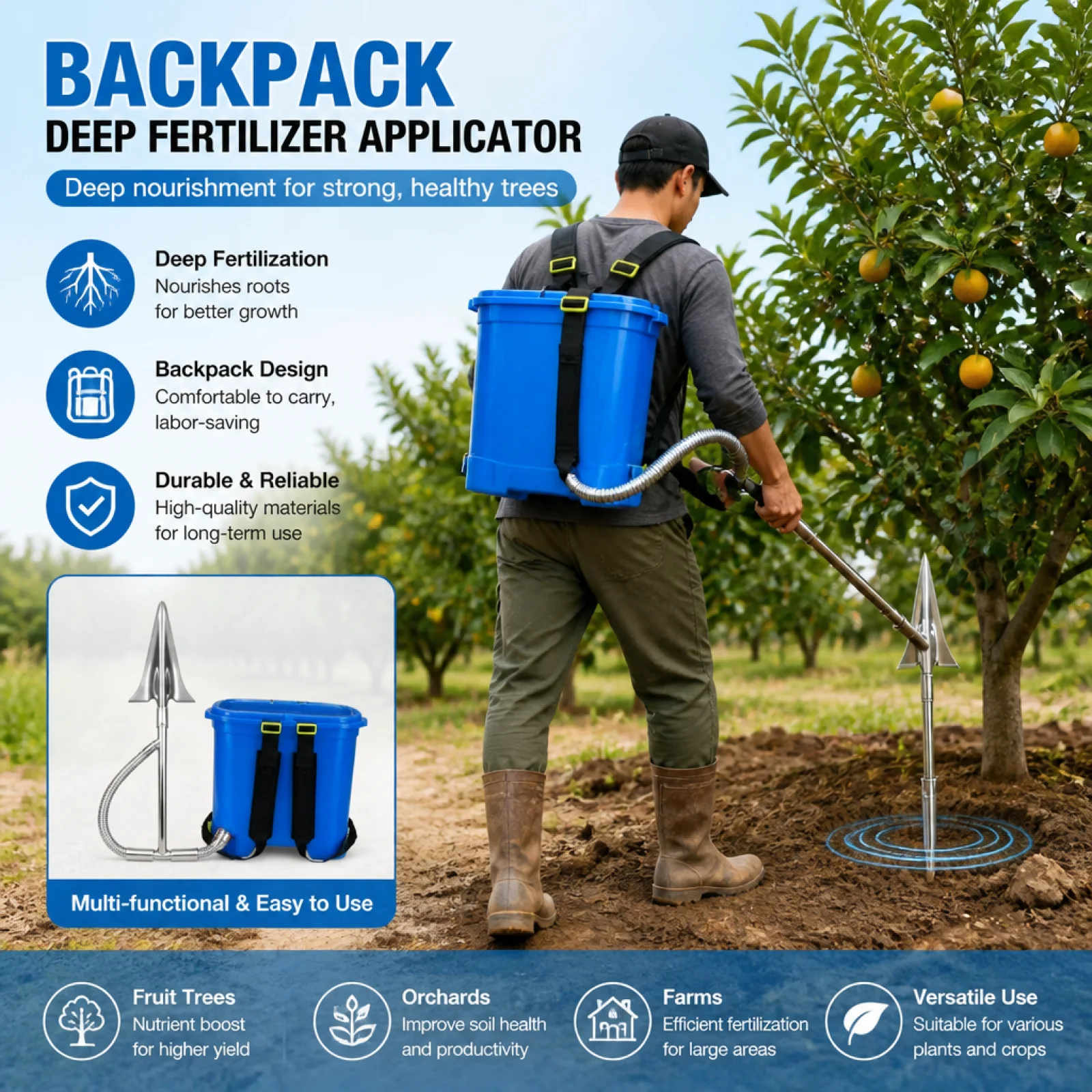 Multifunctional Backpack Fertilizer Spreader Heavy Duty Soil Nutrient Applicator for Orchard and Farmland