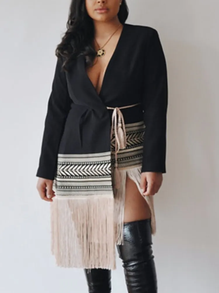 BPN Elegant Patchwork Tassel Blazers For Women V Neck Long Sleeve Hit Color Spliced Lace Up Casual Blazer Female Fashion Clothes