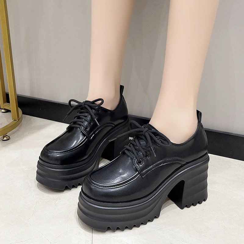 Black White Punk Rock Gothic Pumps Women Chunky Block High Heels Shoes Round Toe Lace Up Thick Platform Heel Shoes 2024