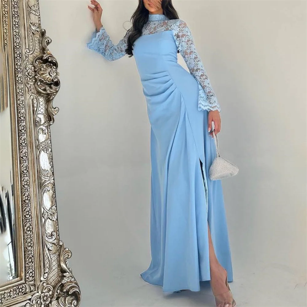 

ROYET High Neck Lace Full Sleeve Appliques Mermaid Pleat Prom Dress Floor Length High Slit Sweep Train Evening Gown For Woman