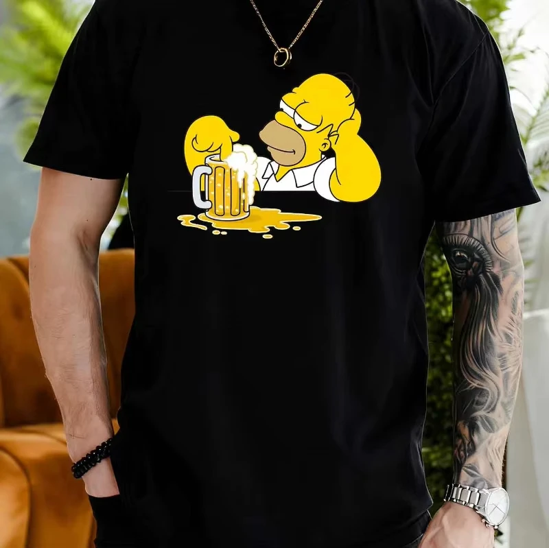 T-shirt décontracté à manches courtes pour hommes, famille Simpsons, motif imprimé Homer buvant de la bière, T-shirt pour hommes sous licence Simpson
