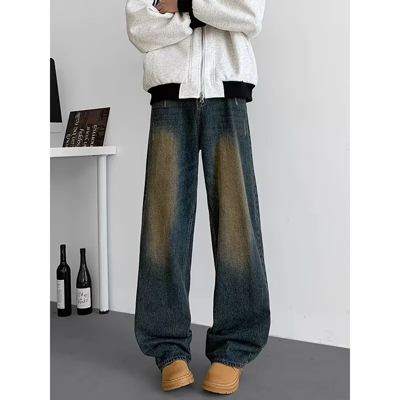 Celana Jeans Pria Vintage Gradasi High Street 2025 Musim Semi Gugur Gaya Amerika Longgar Lurus Dicuci Distressed Lebar