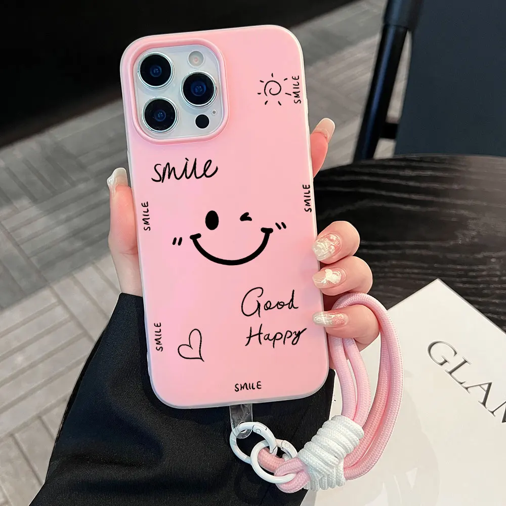 Coque de téléphone en silicone pour Redmi Note 14 11 13 12 4G 5G Pro Plus 15C 14C, anti-taches, finition mate, avec cordon, motif cœur souriant noir, style macaron