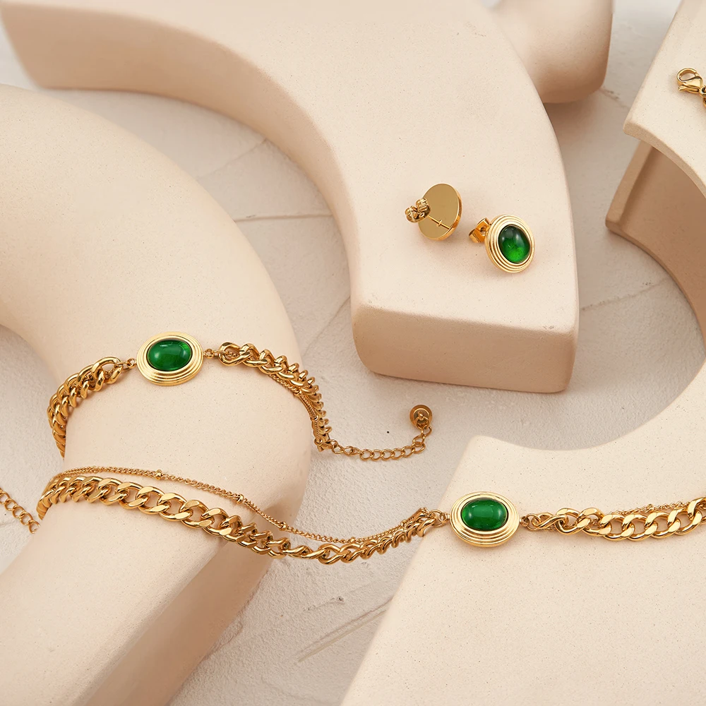 

ENFASHION Aretes De Mujer Oval Green Zircon Stud Earrings For Women 18K Plated Gold Color In Earings Fashion Jewelry Party 1456