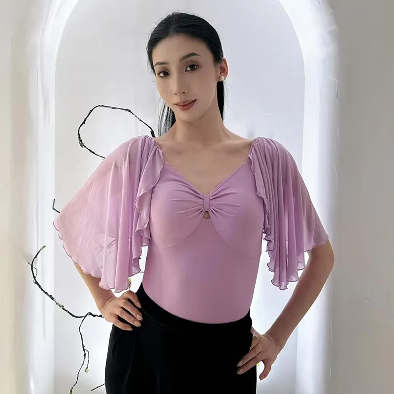 

Фиолетовые топы для бальных танцев с короткими рукавами, женская летняя одежда для вальса, трико для латинских танцев с открытой спиной, тренировочная одежда BL15831