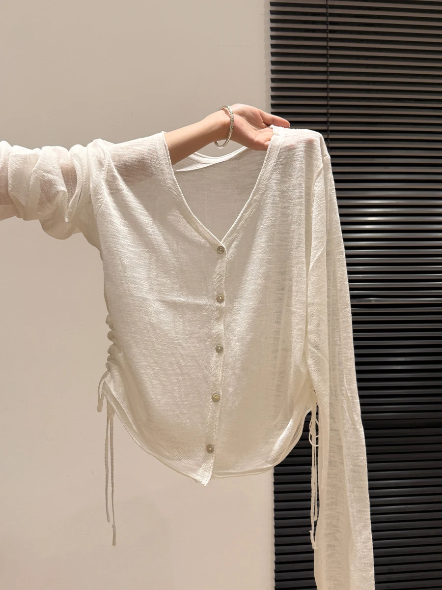 

Slimming Effect Loose Fit V-Ne Dstring Cardigan Cover up Women's Summer Thin Sle Korean Version Knitted Top