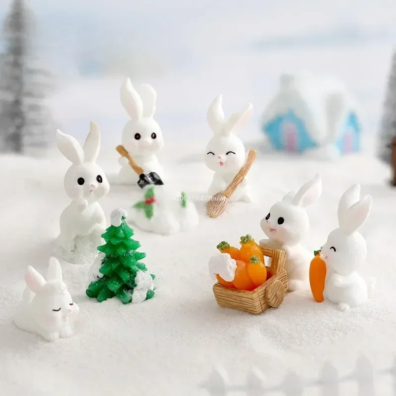 Figurines Christmas Rabbit Micro Landscape Snowman Bunny Ornament Desk Accessories For Home Decoration Kids Gifts Miniature