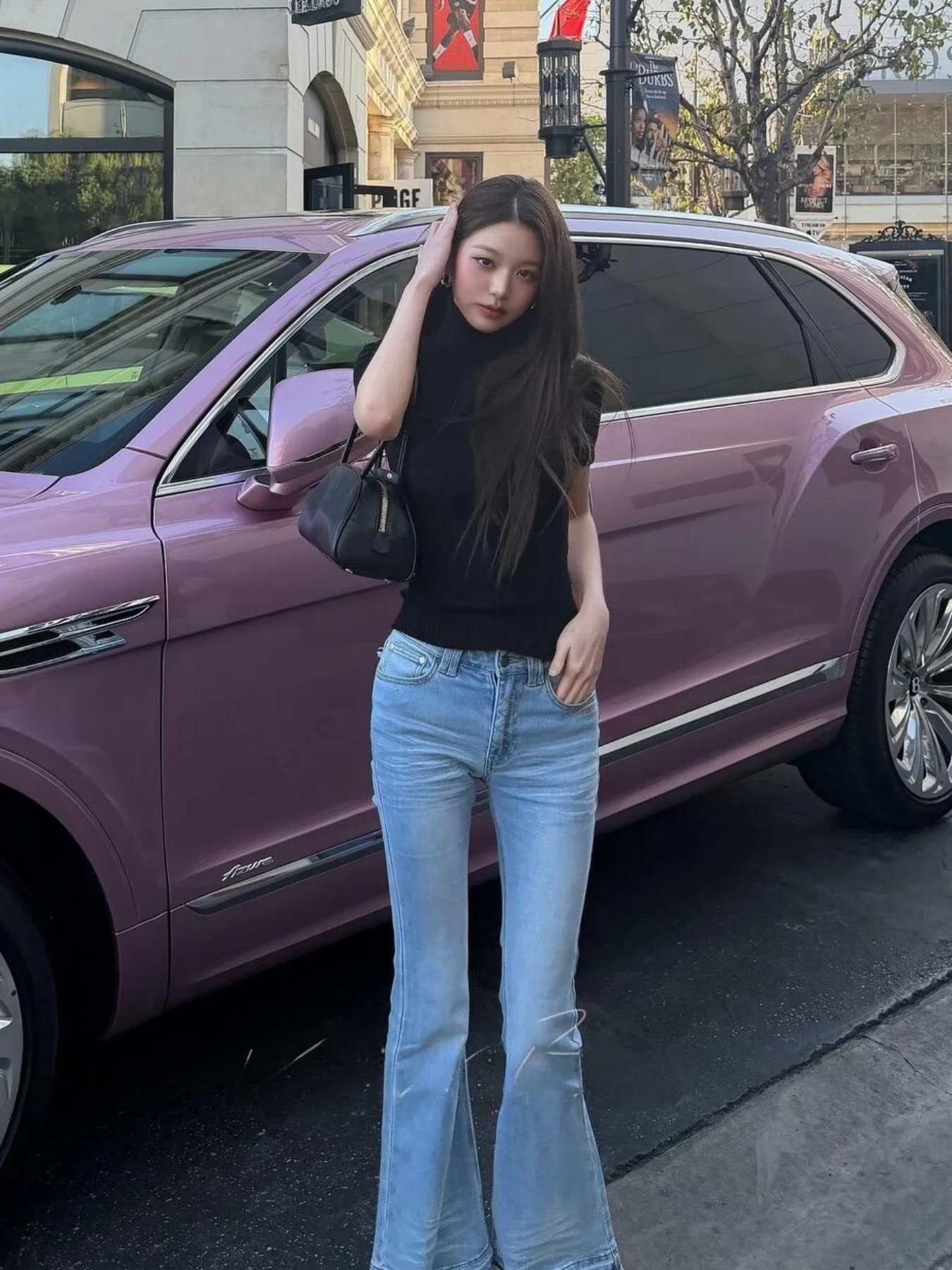 

Supermodel Zhang Ying Slim Fit Bell Bottoms No Puff Washed Ice Blue High Waist Cotton Stretch Denim Ladies Spring Fashion