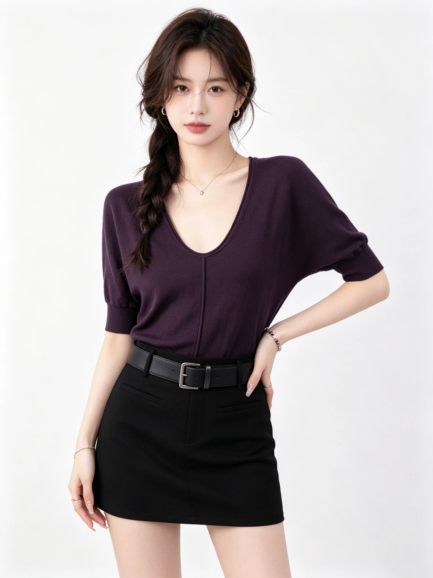 

Slim Fit Deep V-Neck Five-Quarter Sleeve Knitwear Women's Style Front Back Two-Way Wear Summer New Arrival Elegant Fashion