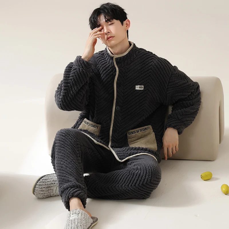 M-4XL Men Pajamas Set Winter Thick Warm Flannel Pyjama Male Long Sleeve Sleepwear