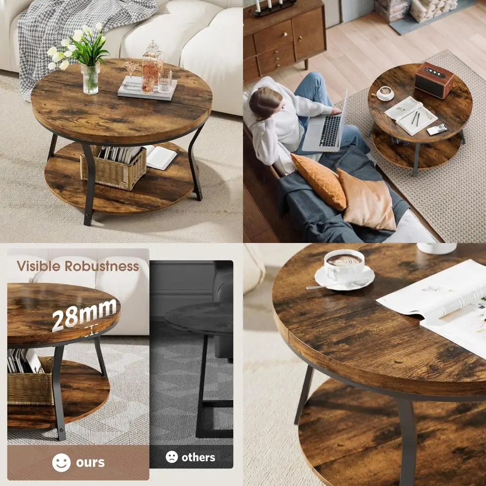 

Industrial Style 2-Level Round Wood Coffee Table for Living Room with Thickened Top
