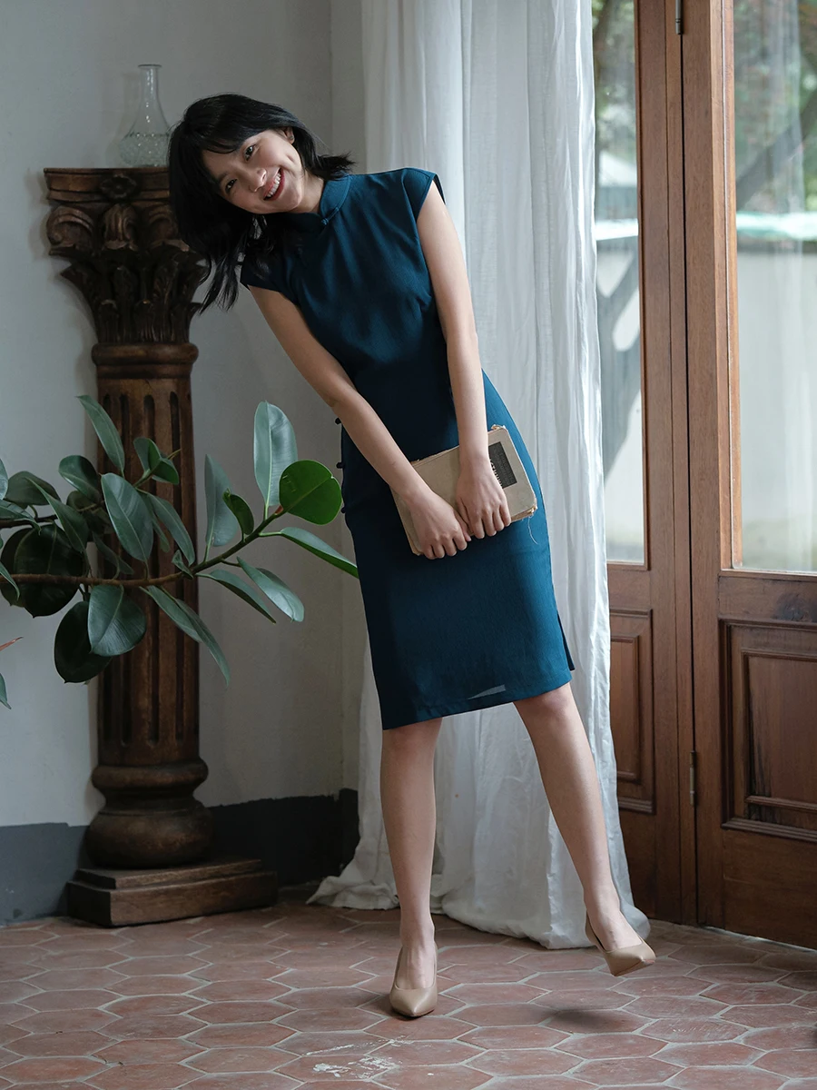 

M Summer ort Svel Pure Color Silk with f Buttoning And Hemming Retro Sle Daily Wear Blueberry