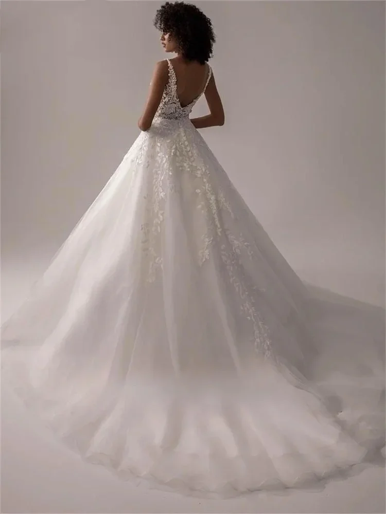 หรูหราสปาเก็ตตี้ชุดเจ้าสาวพิมพ์ชุดแต่งงานที่กําหนดเอง Robe Elegant ความยาวชั้นชุด Vestidos De Novia