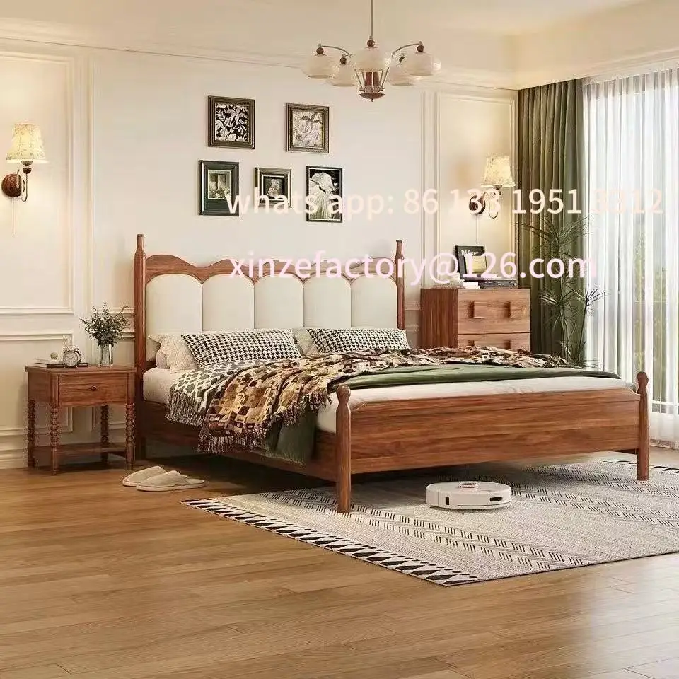 

Customizable French antique walnut double double bed soft bag retro solid wood tenon and mortise bedroom bed