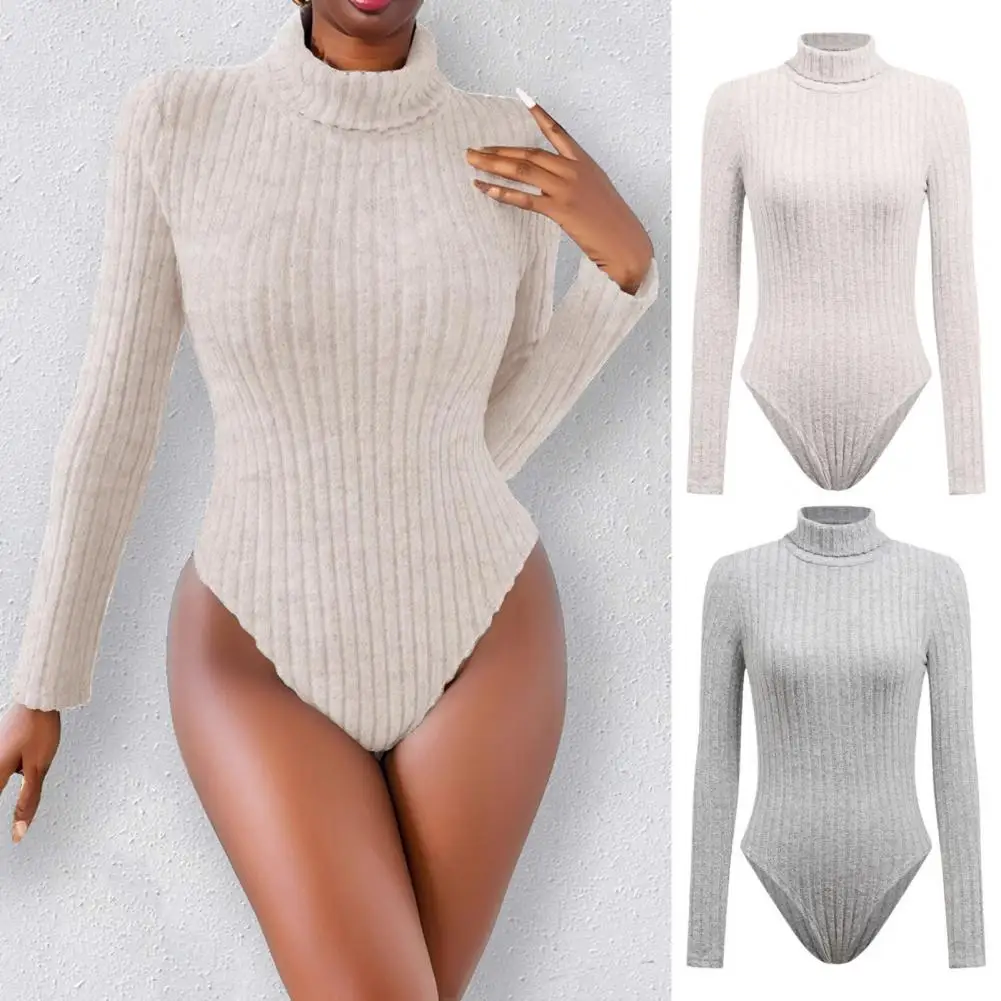 Dames bodysuit met lange mouwen en hoge hals Herfst Slim Fit Geribbelde gebreide trui Tops Sexy Bodycon Rekbare Basic bodysuit ДЖudiaт