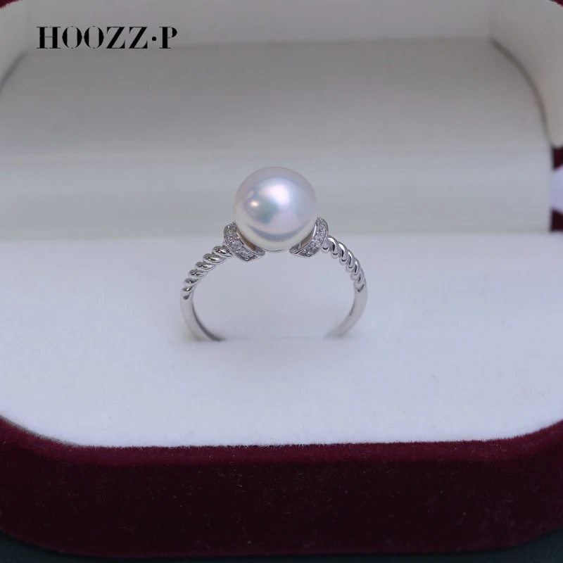 HOOZZ.P Freshwater pearl 8-9mm white round strong light slight flaw pearl ring S925 silver Fried Dough Twists resizable ring  ﻿