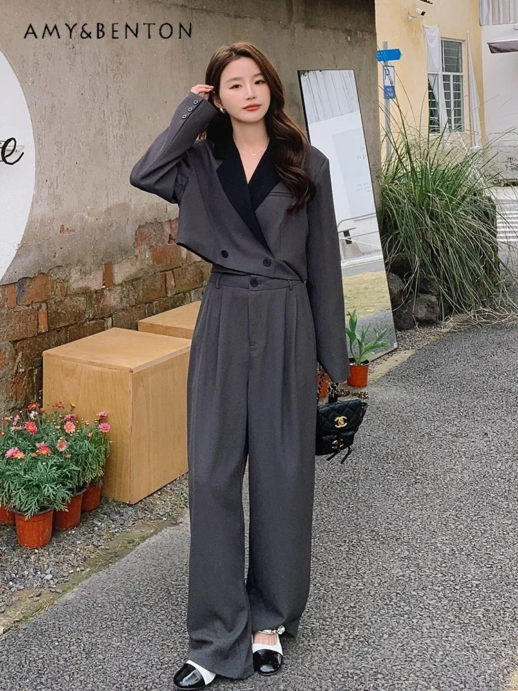 

Simple Temperament Casual Suit Women 2024 Early Autumn New Color Matching Fashion Short Coat Wide Leg Pants OL Two-Piece Set