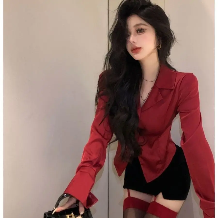 Red Suit Collar Long Sleeved Shirt for Women French Style Waist Cinching Slim Fit Casual Shirt Unique and Chic Ribbon Top