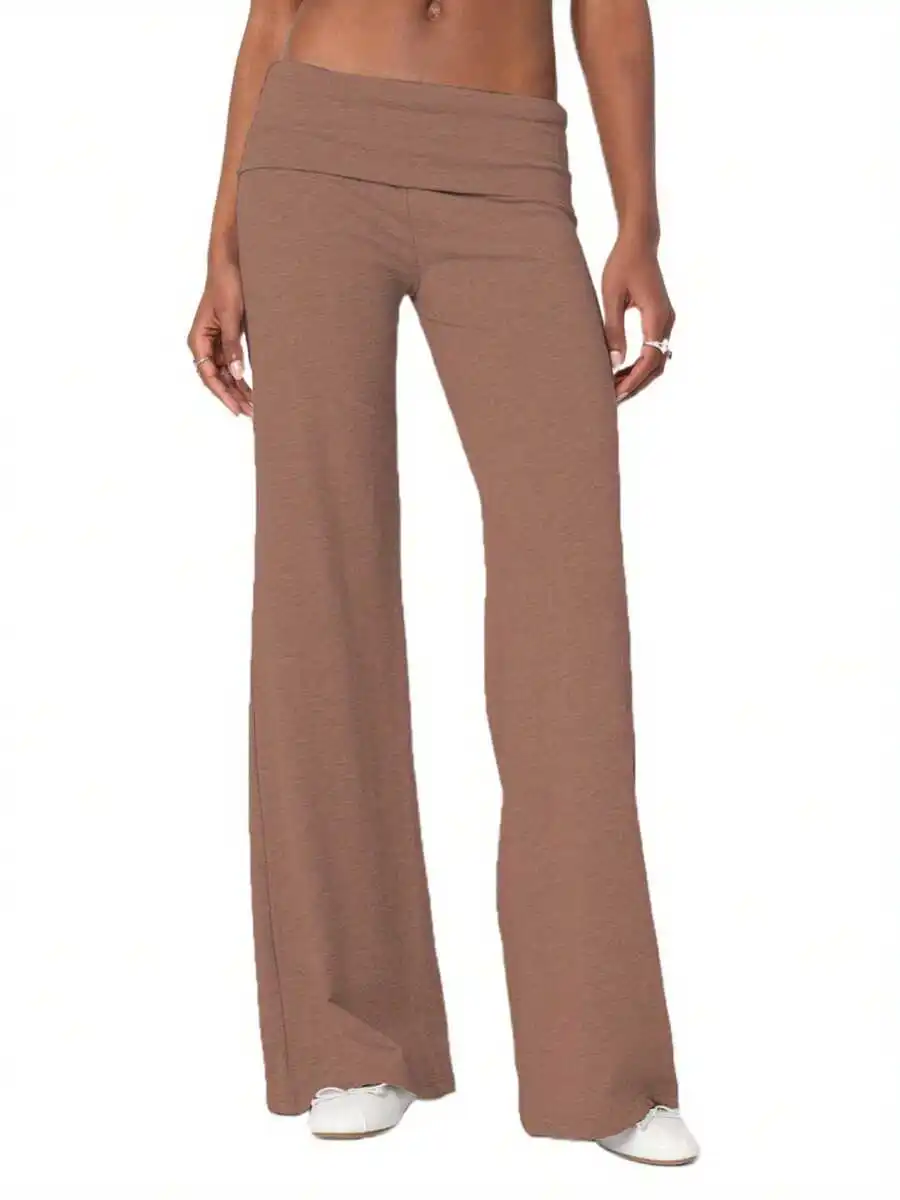 

Женские широкие брюки с отворотами на талии, эластичные, для отдыха - однотонные коричневые