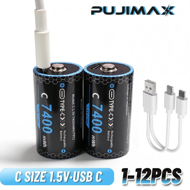 PUJIMAX 1-12PCS 1.5V C Size Rechargeable Battery Type C USB Charging LR14 Li-ion C Battery Batteries for Flashlight Gas Cooker