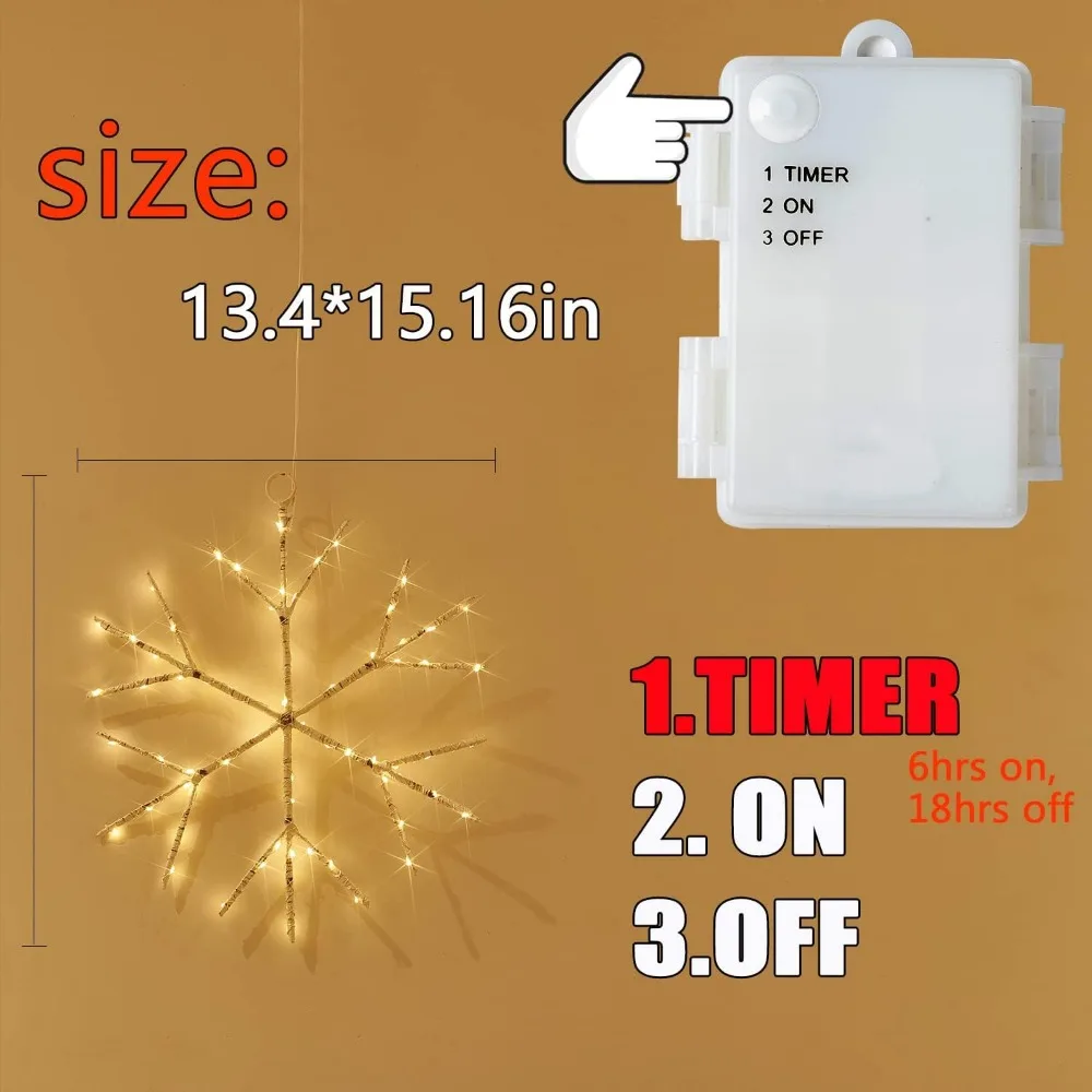 Snowflake Lights Warm White Battery Operated with Timer 70 LED 14in for Christmas Wall Window Decoration