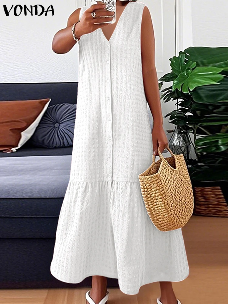 

VONDA 2025 Women Summer Maxi Dress Sleeveless Long Sundress Casual Solid Color Tank Robe Bohemian V-Neck Party Beach Vestidos