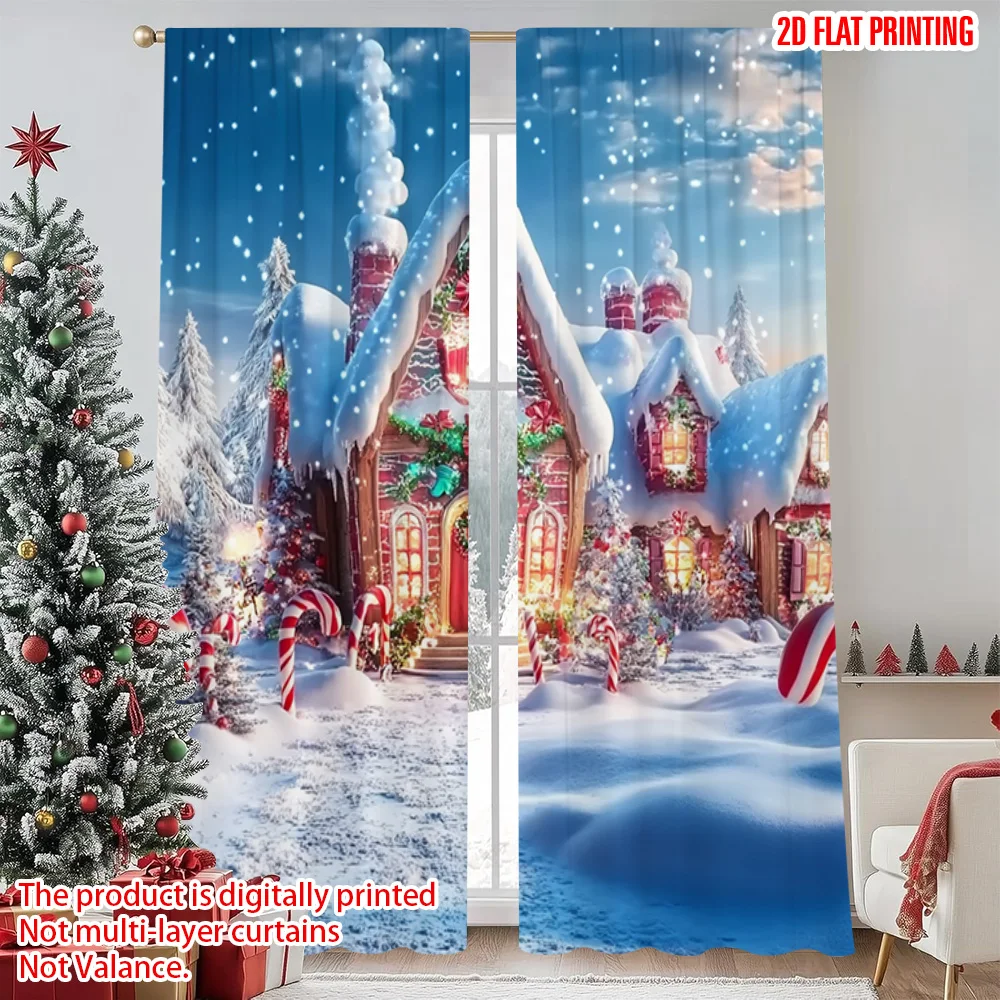 

2pcs 2D flat printing Merry Christmas Popular Curtains Red Candy Village Fabric Without Electricity Festive Holiday for Photo