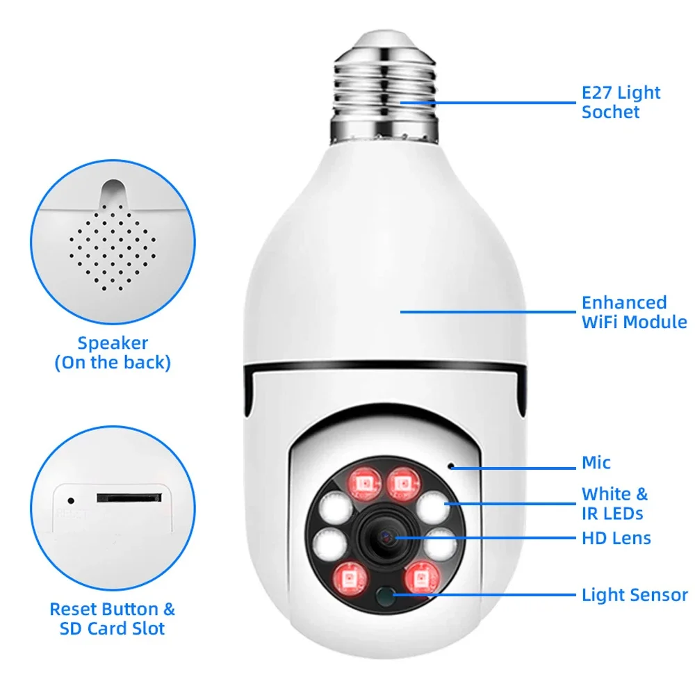 Indoor Video Surveillance Camera, Monitor do bebê, Home Security Protection, Full Color, Visão Noturna, Auto Tracking, Wi-Fi, Bulbo