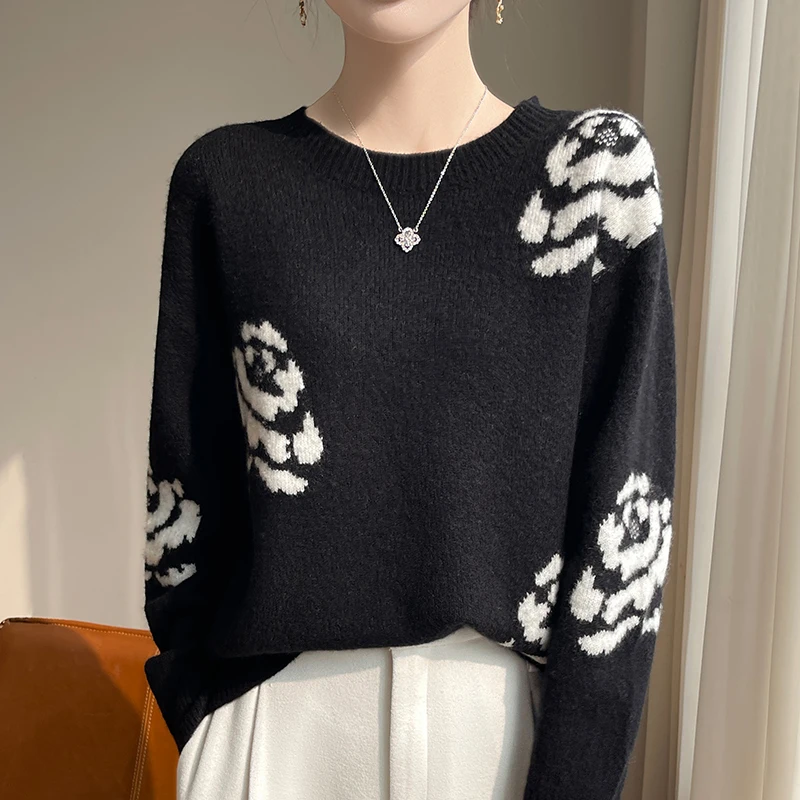 

Fashion 100% Merino Wool Camellia O-Neck Woolen Sweater Long Sleeves Pullover Soft Cashmere Solid Color Casual Clothing Top