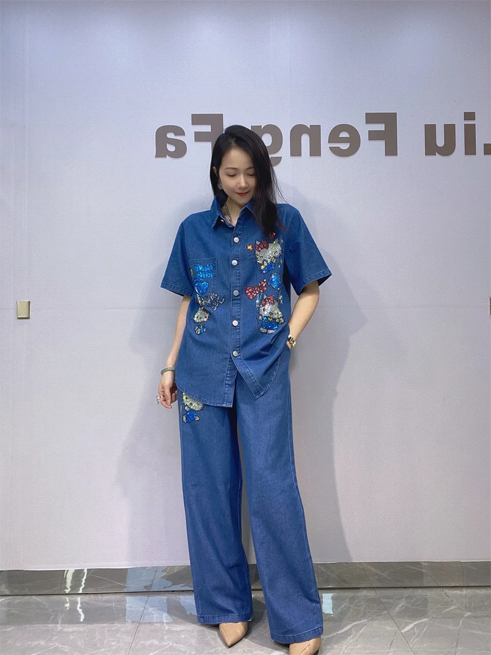 

plus Size Women's Blue Denim Set Rhinestone ort Sve Ne Wide Leg Pants Two Piece Set Summer Anti-Aging