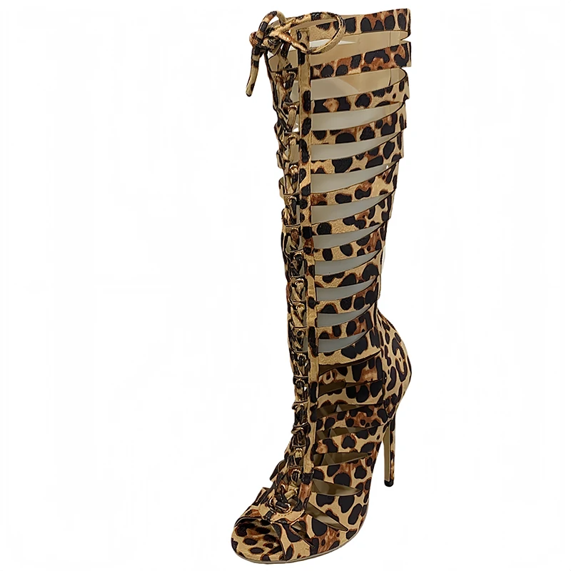 

Summer Long Boots Woman Stiletto Heels Cross Strappy Leopard Print Shoes Sexy Knee High Boots Femmes Sandals