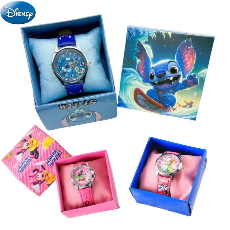 Disney Stitch Anime Watch with Box Kawaii Mickey Mouse Minnie Frozen Color Box Children's Watch Cartoon Kids Christmars Gifts