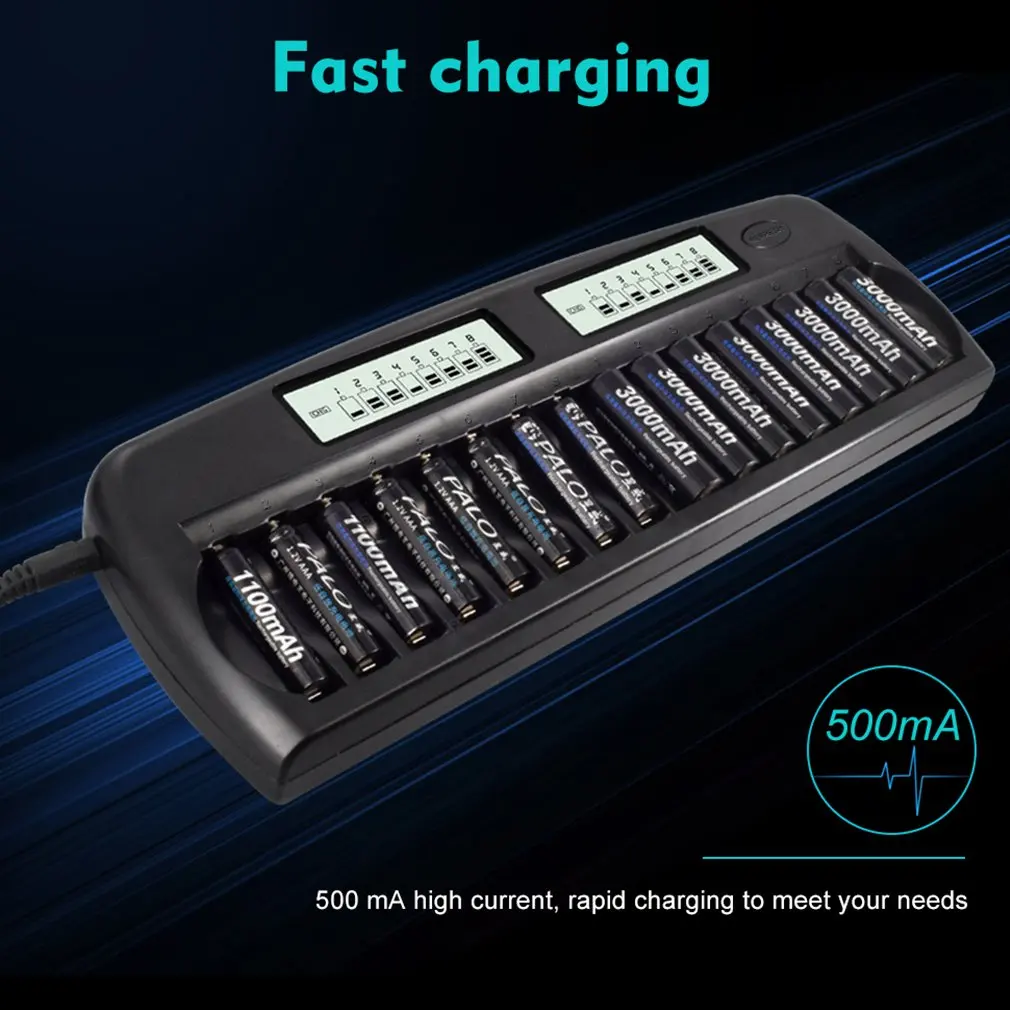 

LCD Display 16 Slots Intelligent Battery 2A 3A Rechargeable Battery Charger Fast Charging Device for 1.2V AA AAA Ni-MH NiCd