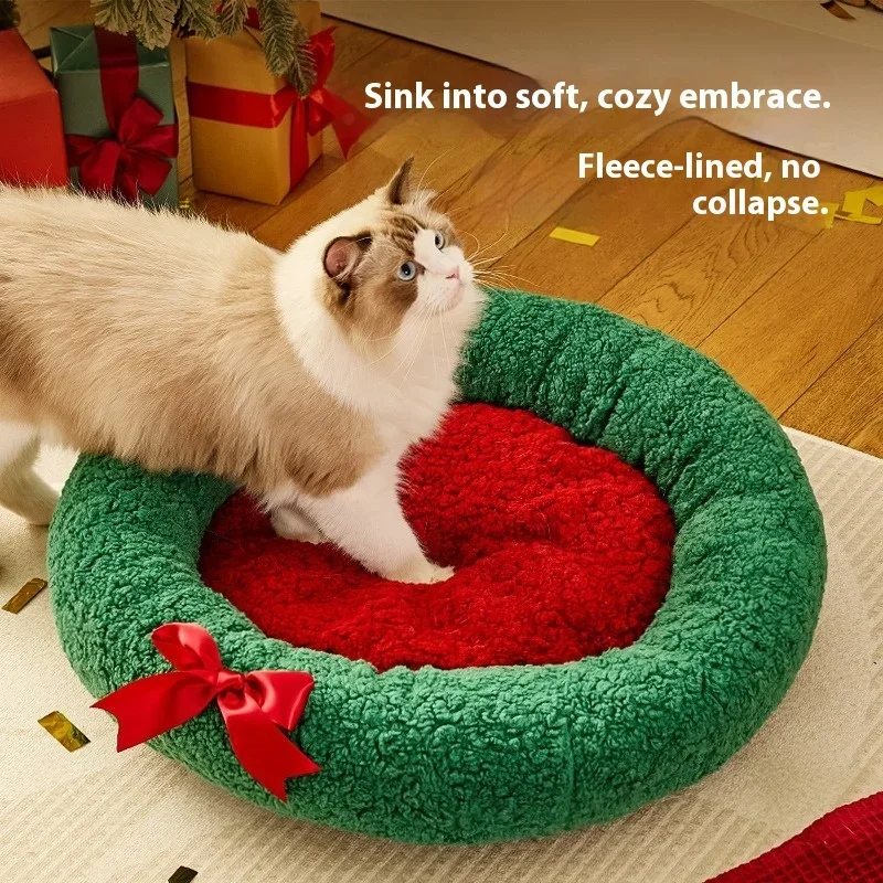 Christmas Warm Cat Bed Deep Sleep Semi-Closed Winter Dog House Washable Plush Pet Nest Holiday Gift for Cats Dogs