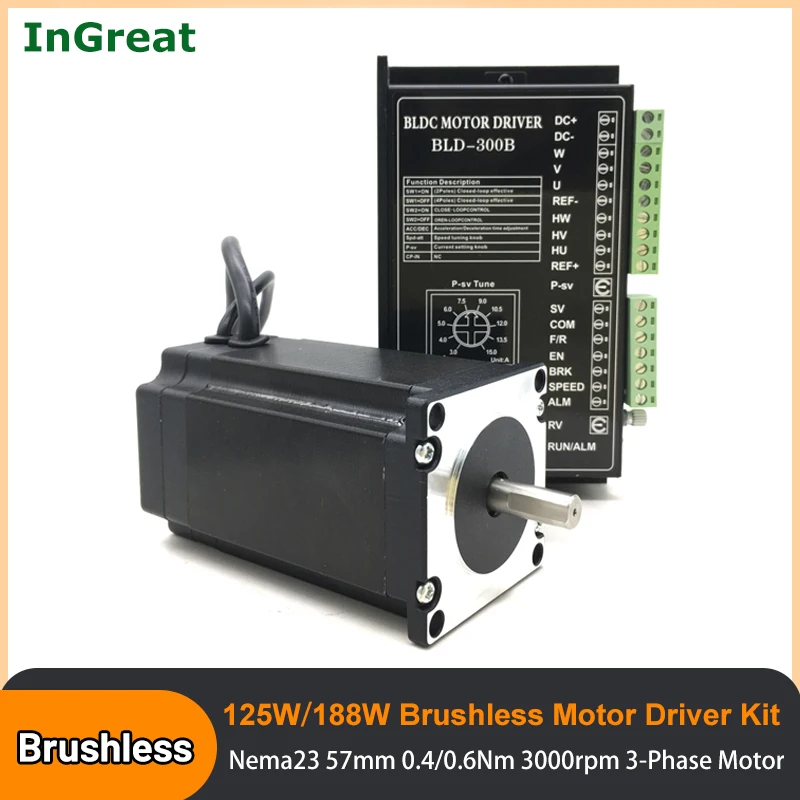 

BLDC Nema23 Brushless Motor Driver Kit 125W/188W 0.4Nm/0.6Nm DC24V 57mm Flange 3000rpm 3-Phase 8-Pole 8mm Shaft Square Motor