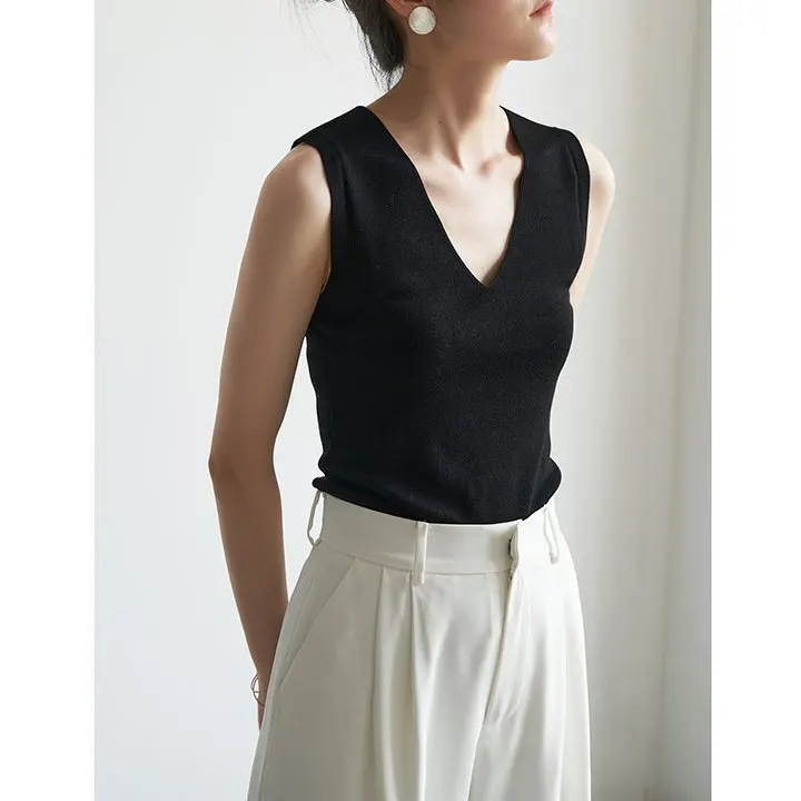 Summer Y2k Knitted Tanks Top 2024 Fashion Sexy V-neck Sleeveless Crop Top Mujer Camis Vest Slim Undershirt Inside Tees Tops