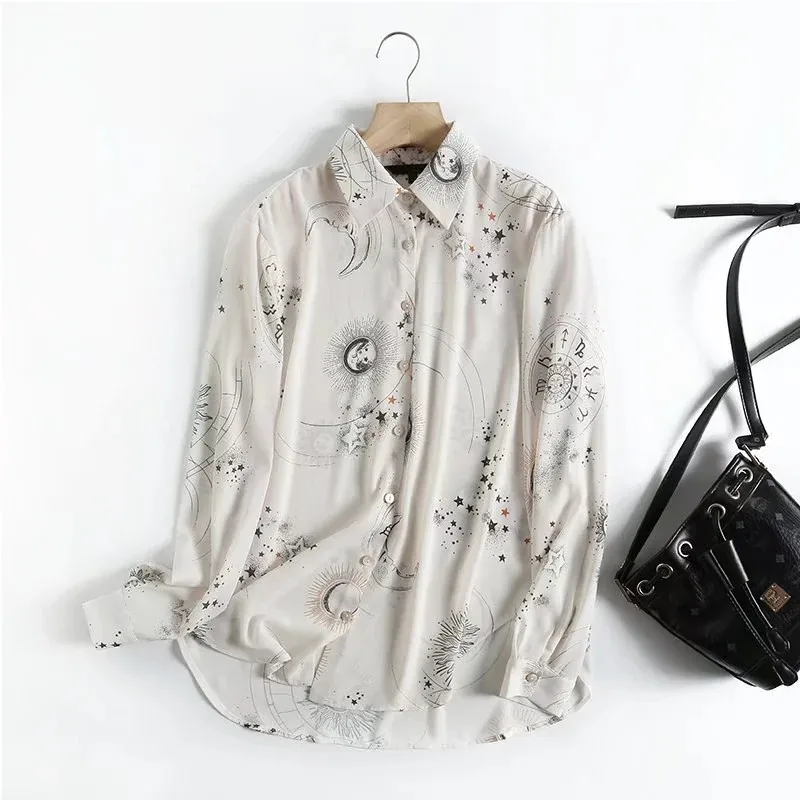 Dave&Di  England Elegant Blusas Casual Shirt Women Blouse Spring New Fashion Starry Sky Printing Long Blouse Women And Tops