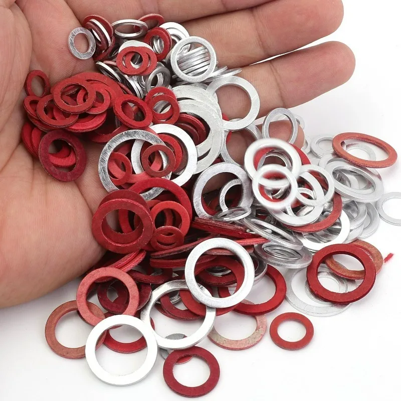 206pcs Aluminum Alloy O Ring Gasket with Red Paper Fiber Insulating Flat Washer Sealing Washers Gasket Hardware Fasteners