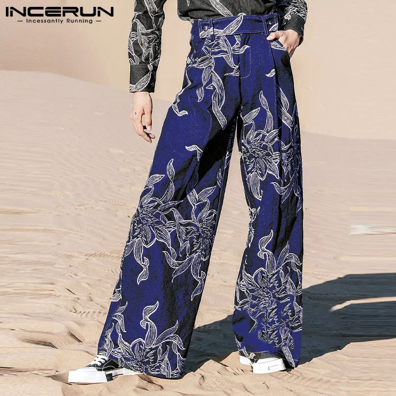 INCERUN Men Pants Printing Button Joggers Loose Casual Wide Leg Trousers Men Streetwear 2024 Pleated Fashion Long Pants S-5XL