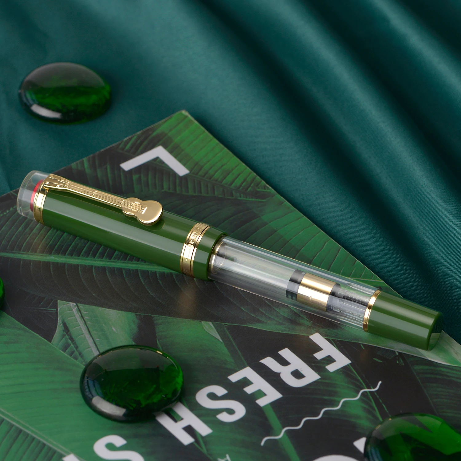 Jinhao 1935 Tiandao Series Fountain Pen with Guitar Clip #8 F/M Nib, Transparent and Green Resin Writing Pen & Large Converter