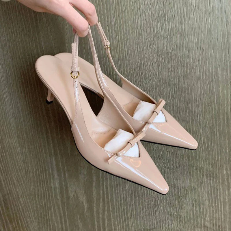 

Elegant Small Pointed One-Word Bow Back Empty Stiletto High Heels Women's French Leather High-Heeled Sandals Dropshipping