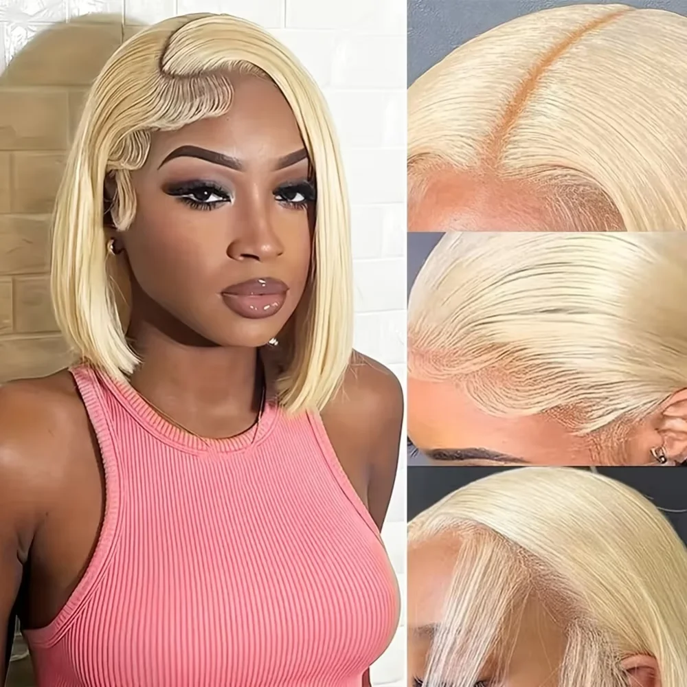 Parrucca corta a caschetto in capelli umani colorati 613, lunghezza 8-14 pollici, con rete frontale 13x4, attaccatura predefinita, densità 200, parrucca con rete frontale liscia per donna.